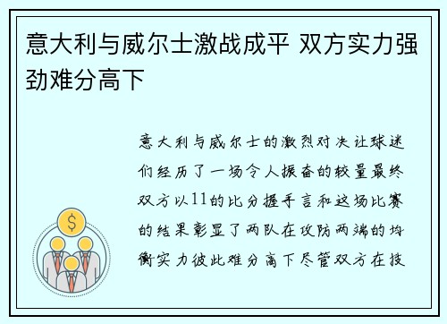 意大利与威尔士激战成平 双方实力强劲难分高下