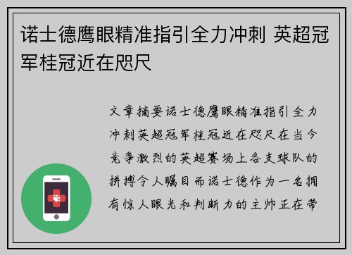 诺士德鹰眼精准指引全力冲刺 英超冠军桂冠近在咫尺